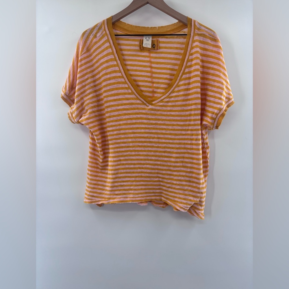 We The Free Take Me Striped Tee in Yellow and Pink V-Neck Tee Size Small - Picture 4 of 7